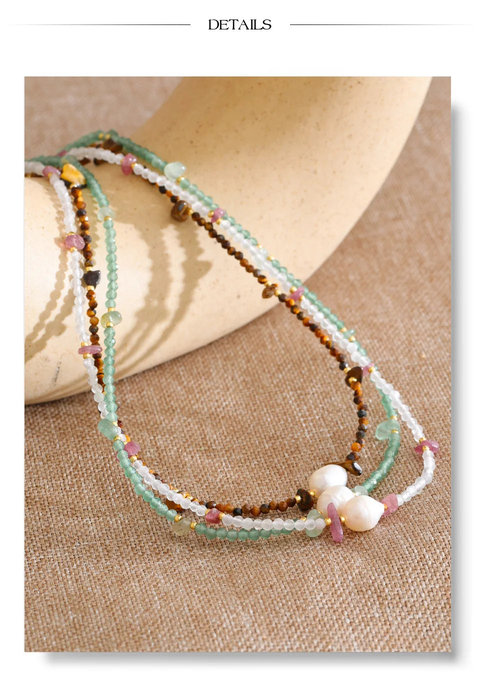 Freshwater pearl natural stone beaded necklace in gold-plated stainless steel with freshwater pearl and natural stone.