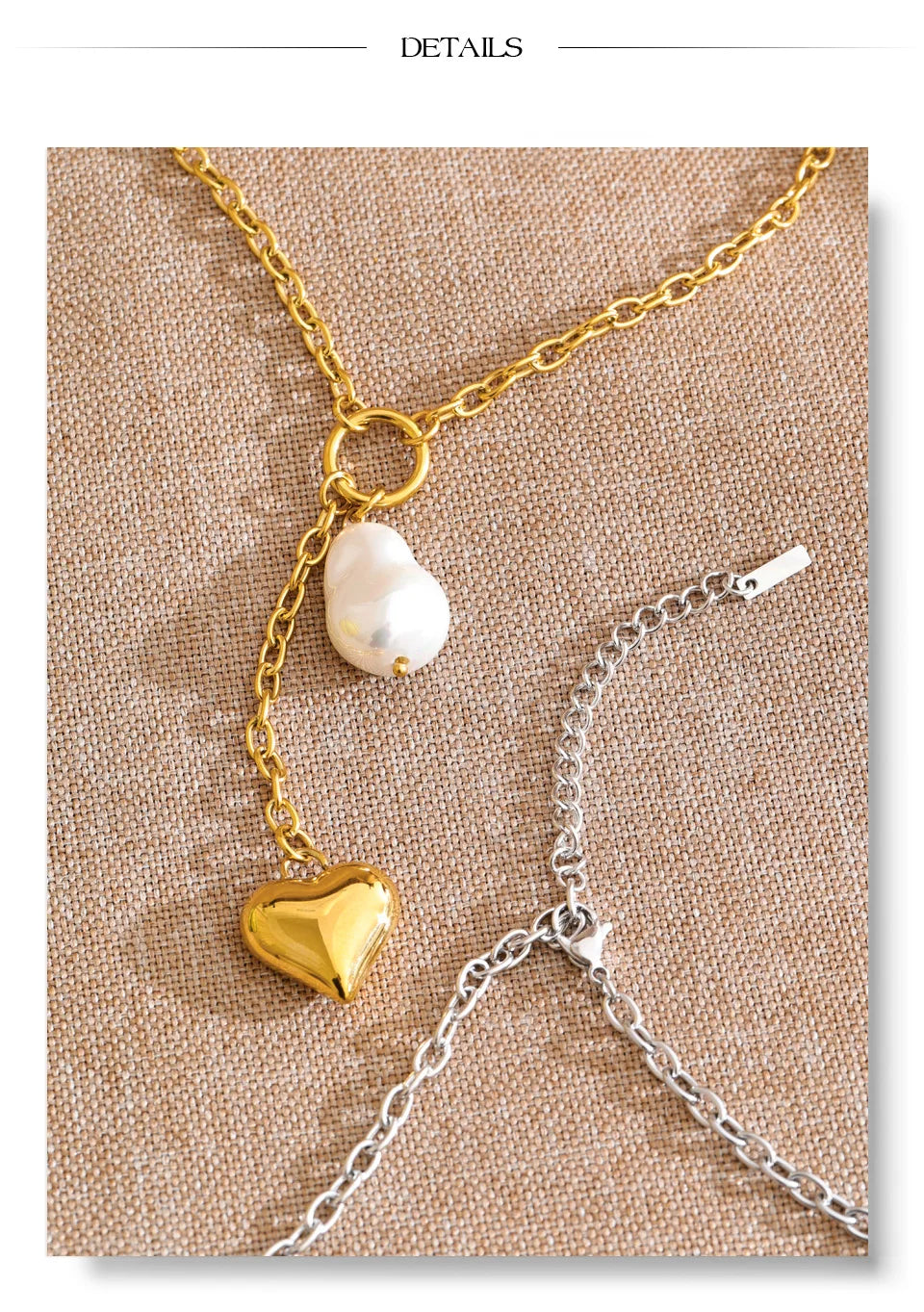 Pearl heart geometric necklace in gold-plated stainless steel with pearl.