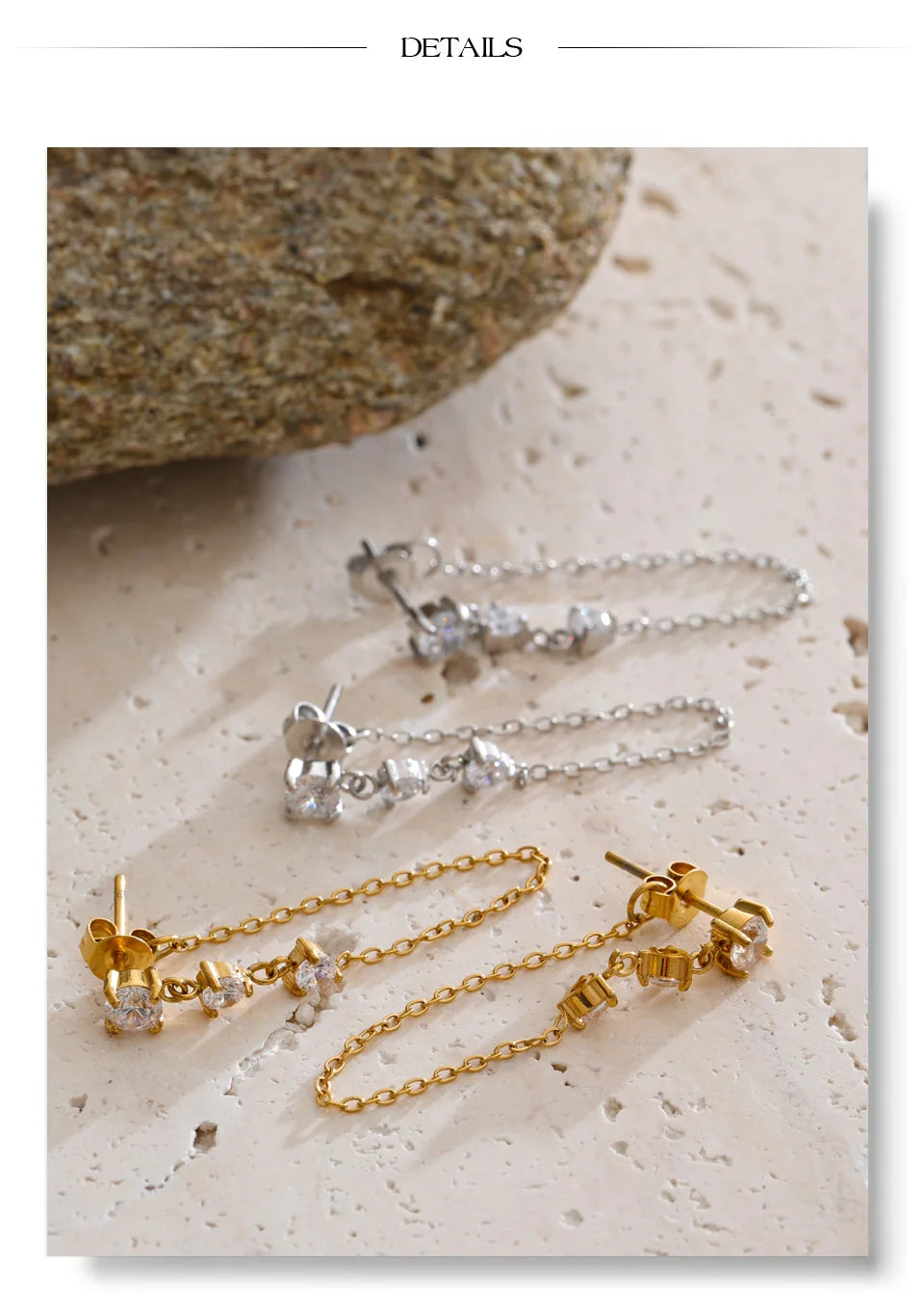 Cubic zirconia geometric chain earrings in gold-plated stainless steel with cubic zirconia.