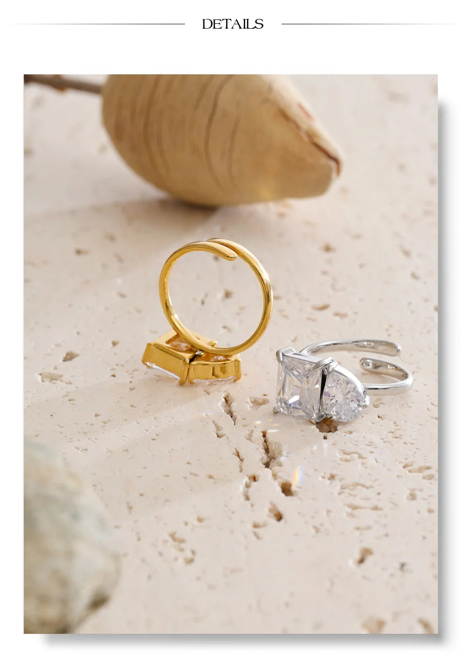 Cubic zirconia geometric ring in 18K gold-plated stainless steel with cubic zirconia.