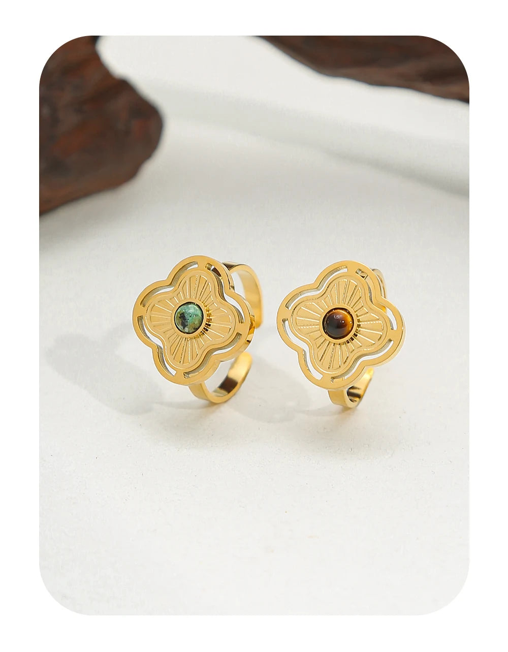 Ring Natural Stone Inlaid In Metal Texture Flowers — 316L Stainless Steel · PS461