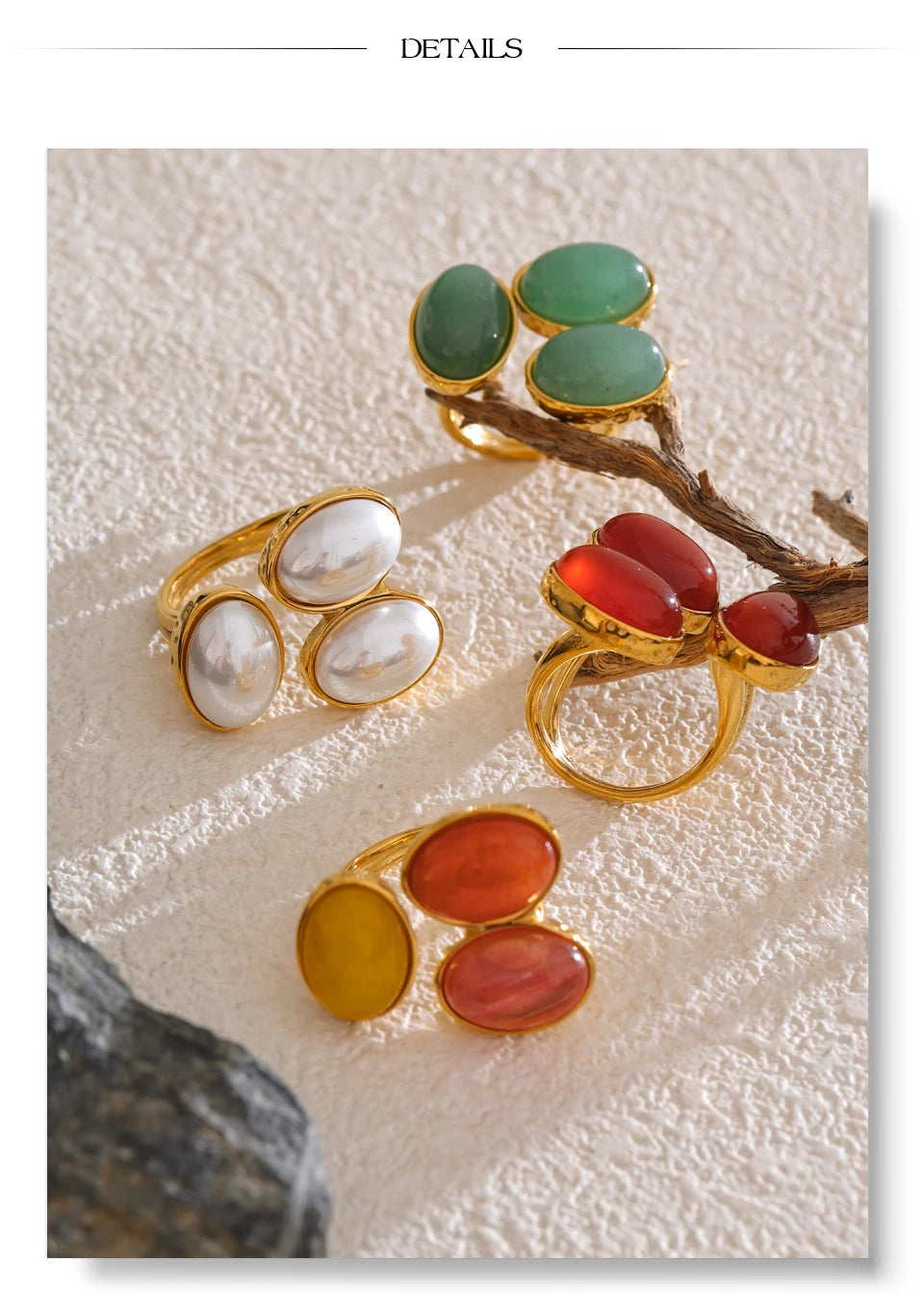 Pearl shell natural stone ring in 18K gold-plated stainless steel with pearl and natural stone.
