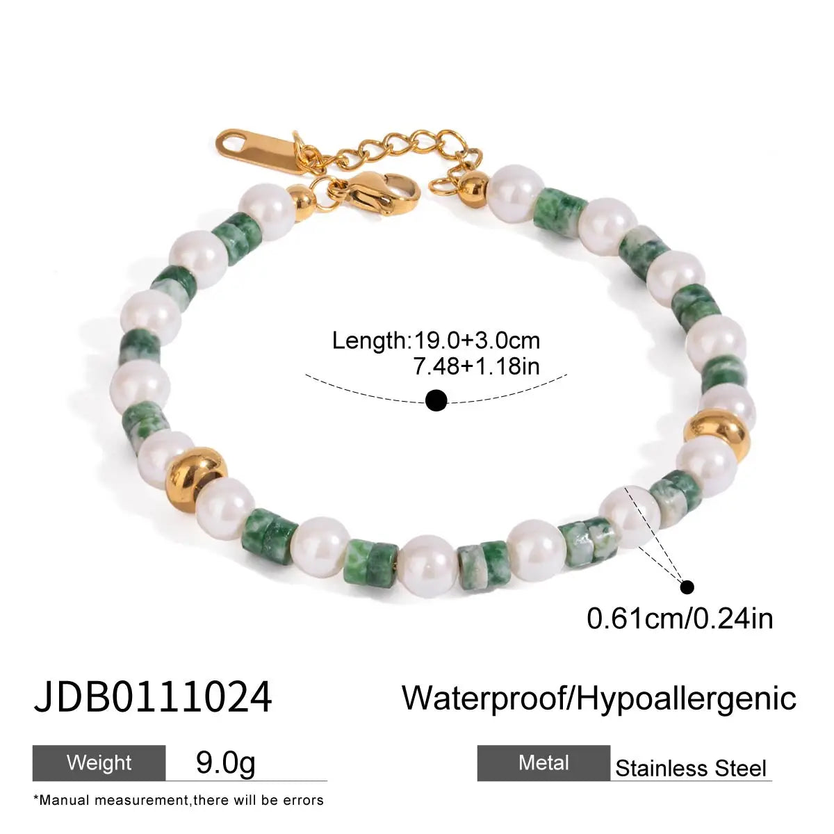 Green Bead Chain Bracelet Stack — Stainless Steel · PS016
