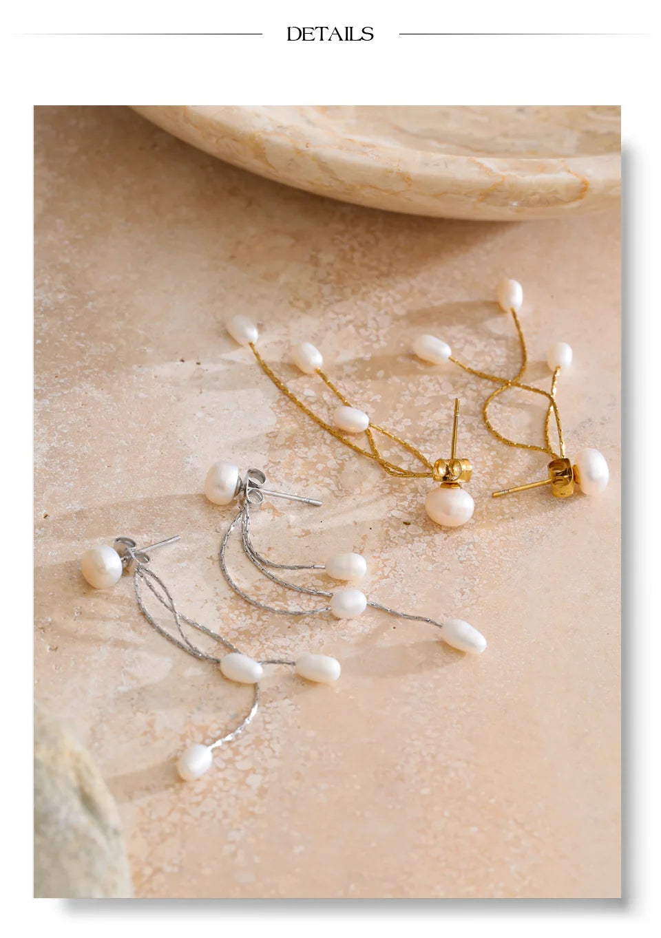 Freshwater pearl geometric chain earrings in gold-plated stainless steel with freshwater pearl.