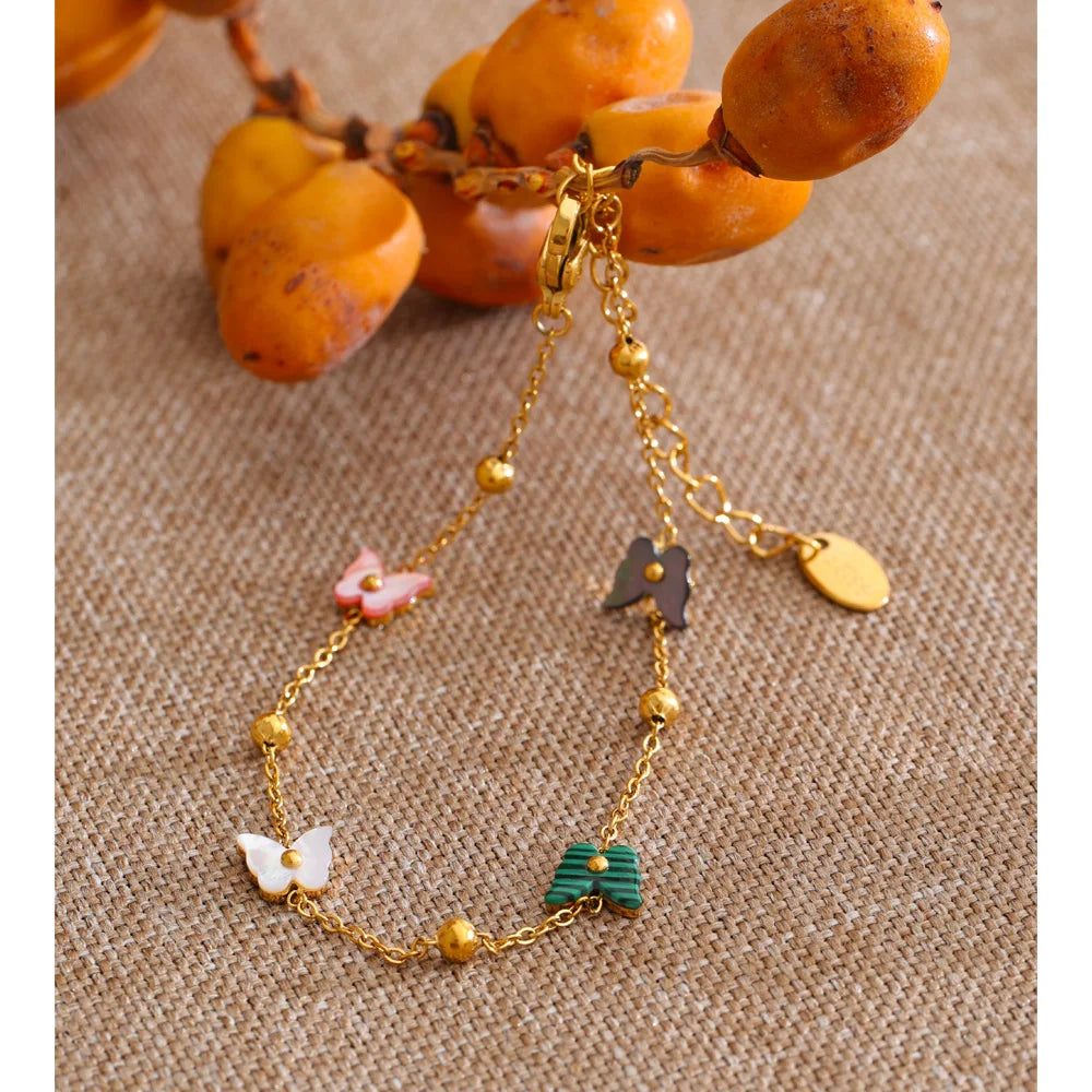 Shell Natural Stone Butterfly Bracelet — Gold-Plated Stainless Steel with Natural Stone and Shell · PS1015