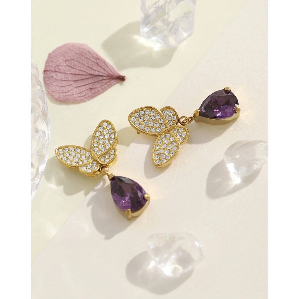 Purple Zircon Crystal Earrings — 316L Stainless Steel · PS481