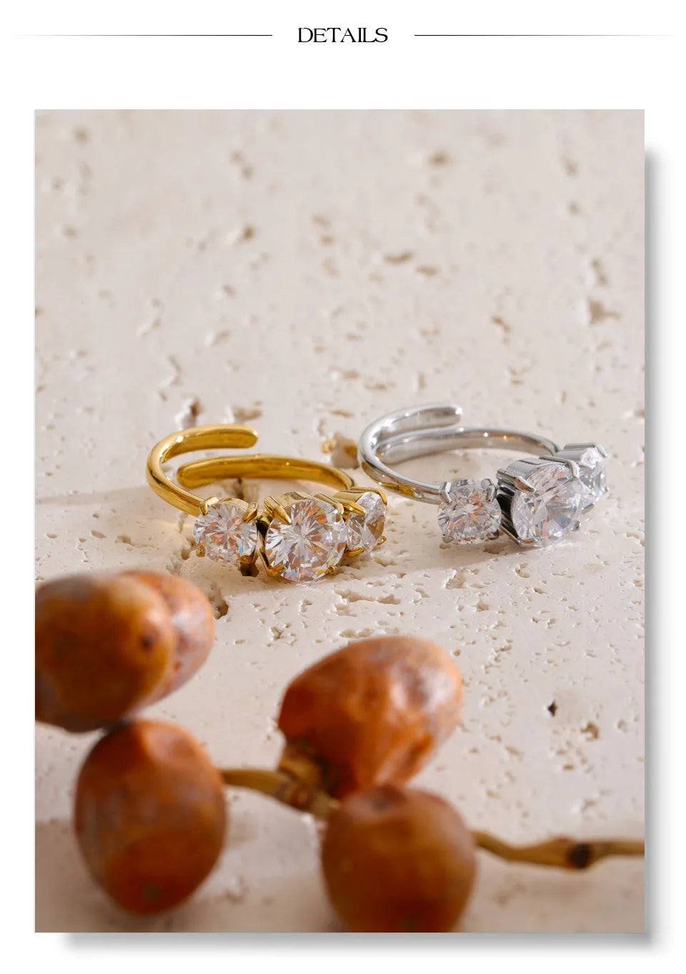 Cubic zirconia minimalist geometric ring in 18K gold-plated stainless steel with cubic zirconia.