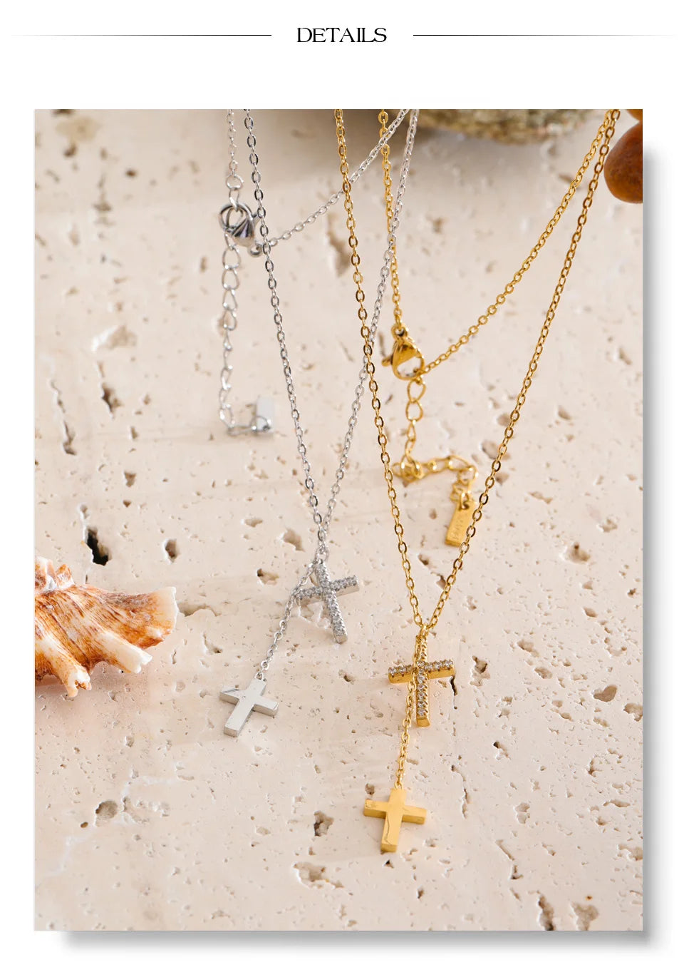 Cubic zirconia cross chain necklace in gold-plated stainless steel with cubic zirconia.