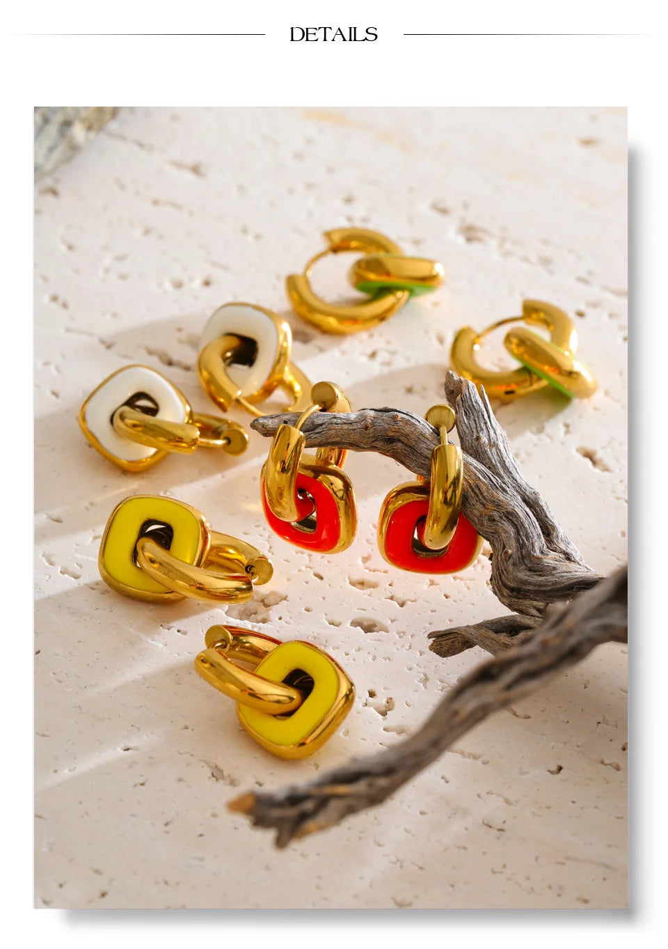 Enamel multi-color geometric earrings in gold-plated stainless steel with enamel.