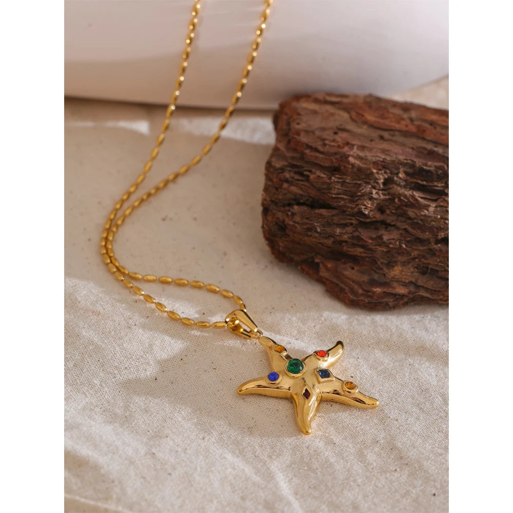 Cubic Zirconia Star Multi-Color Necklace — Gold-Plated Stainless Steel with Cubic Zirconia · PS2308
