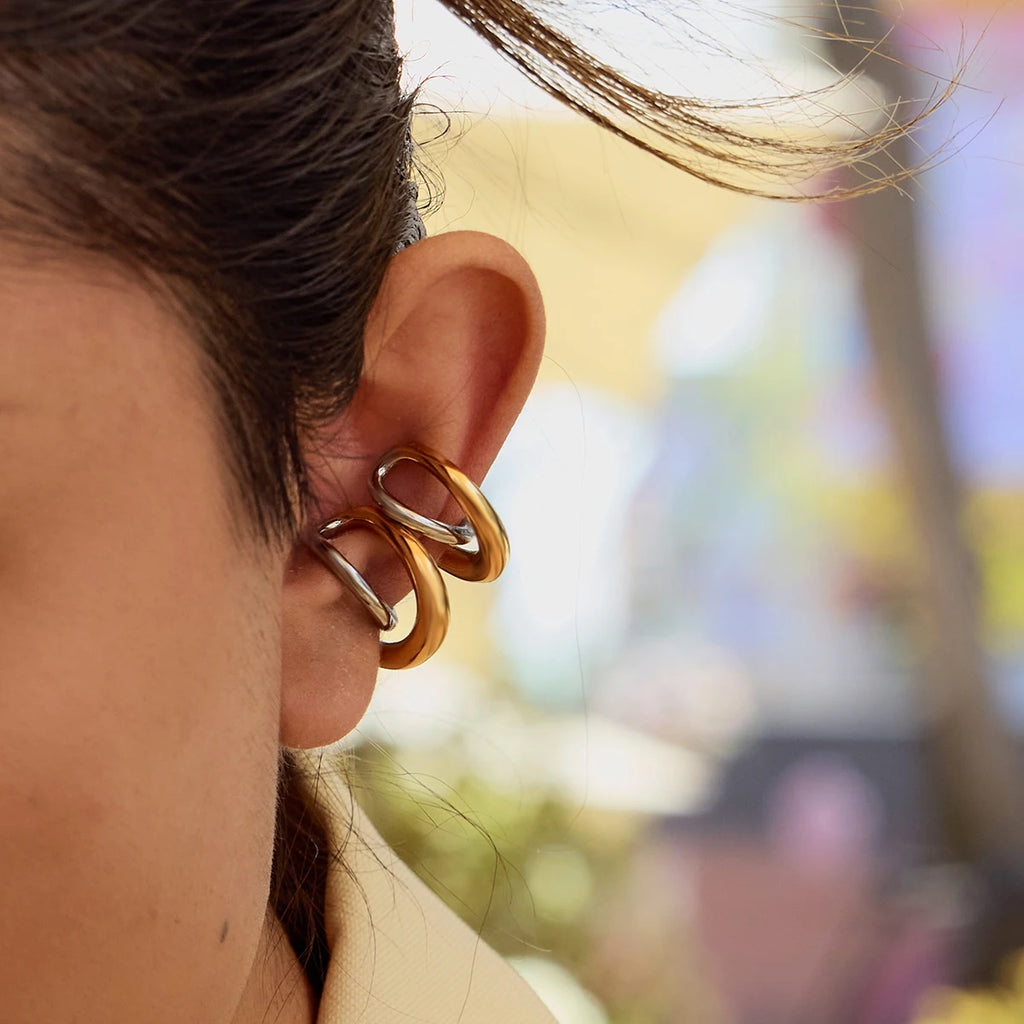 Two-Tone Cross Hoop Earrings — Stainless Steel · PS054