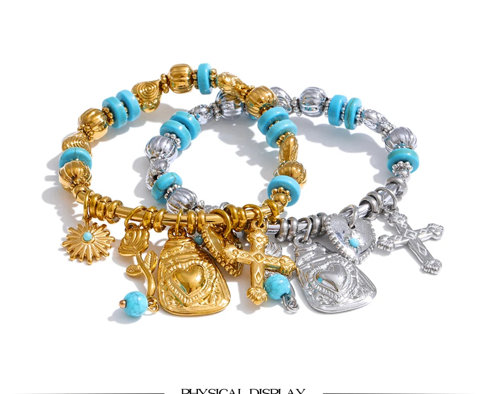 Natural Stone Heart Flower Bracelet — Gold-Plated Stainless Steel with Natural Stone · PS1086