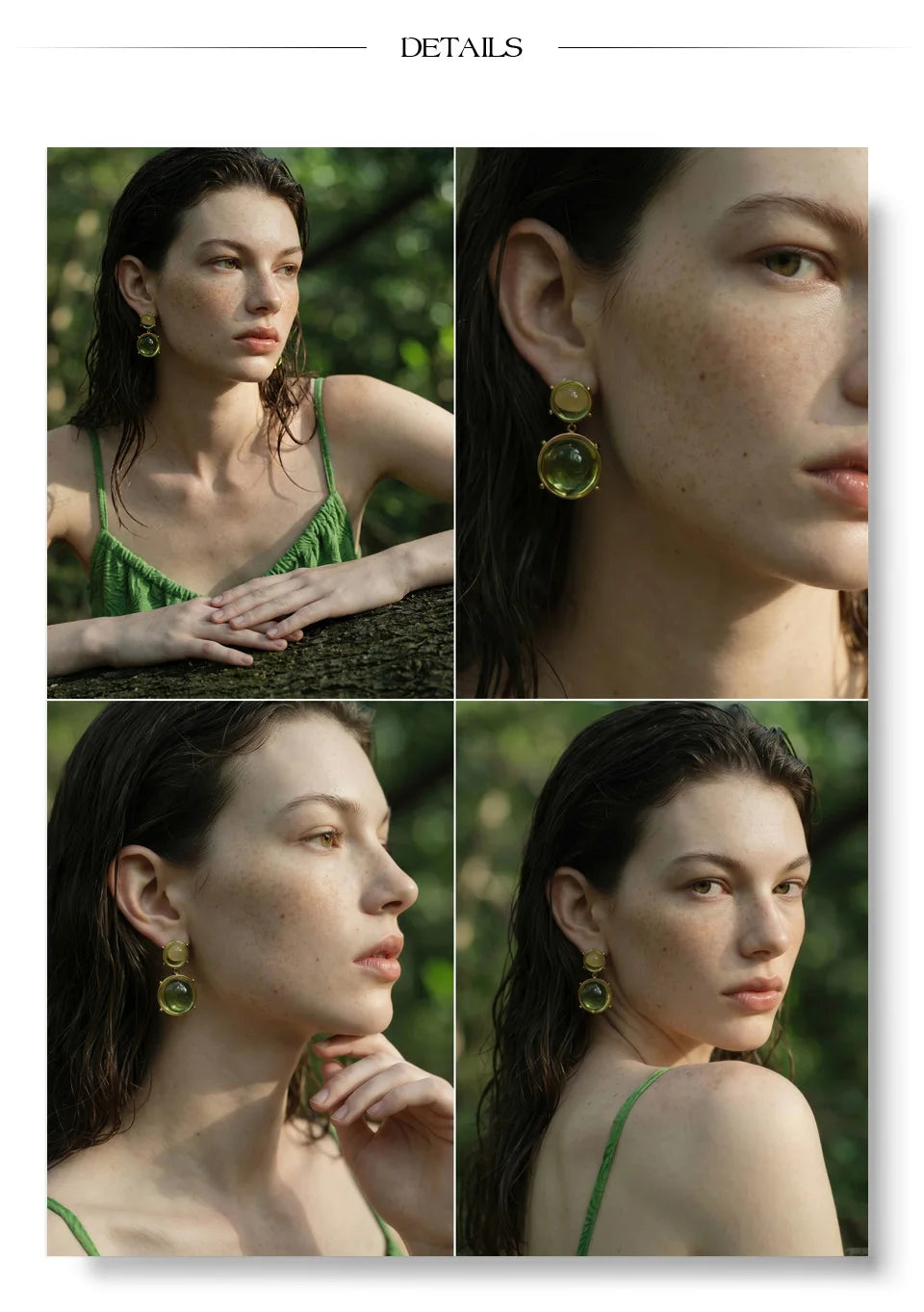 Green resin acrylic earrings in gold-plated stainless steel with resin and acrylic.