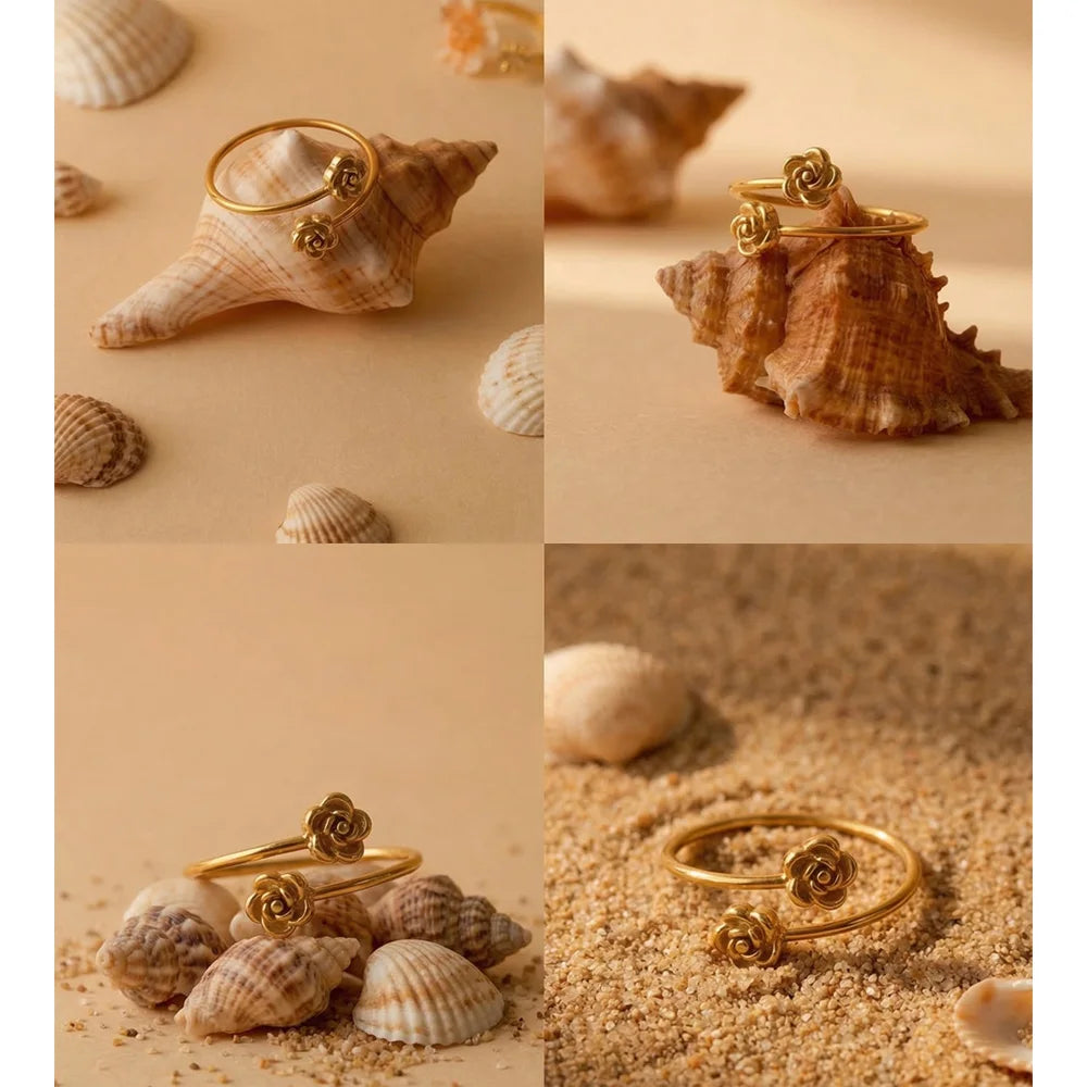 Flower geometric ring in 18K gold-plated stainless steel.