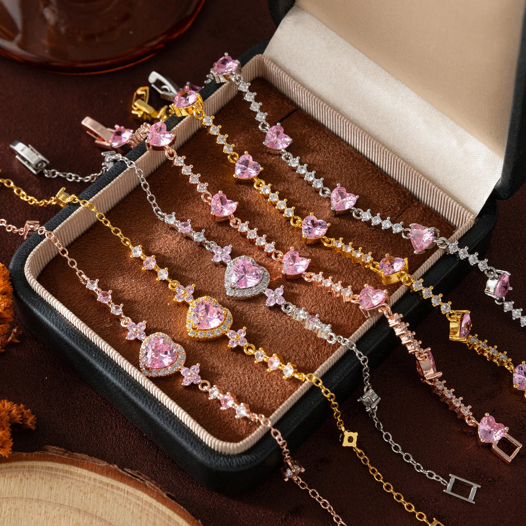 Pink Heart Crystal Bracelet for Women 18K Gold Plated Copper Chain Romantic Love Jewelry Gift for Girlfriend Valentine's Day