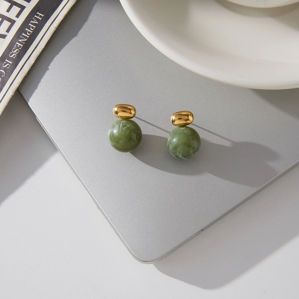 Green Pearl Stud Earrings — Stainless Steel · PS115