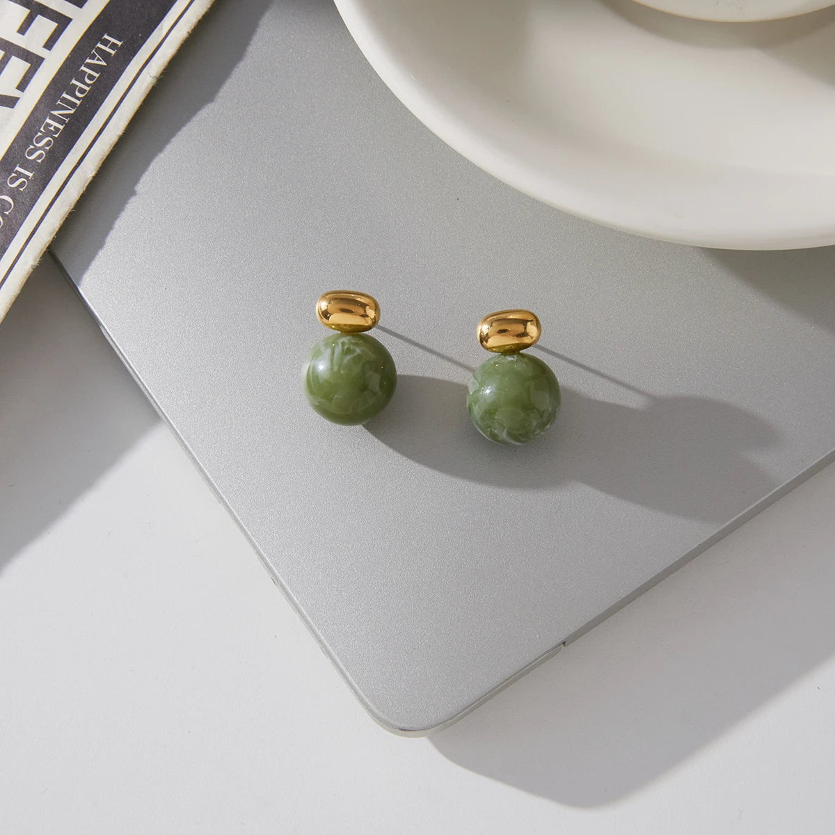 Green Pearl Stud Earrings — Stainless Steel · PS115