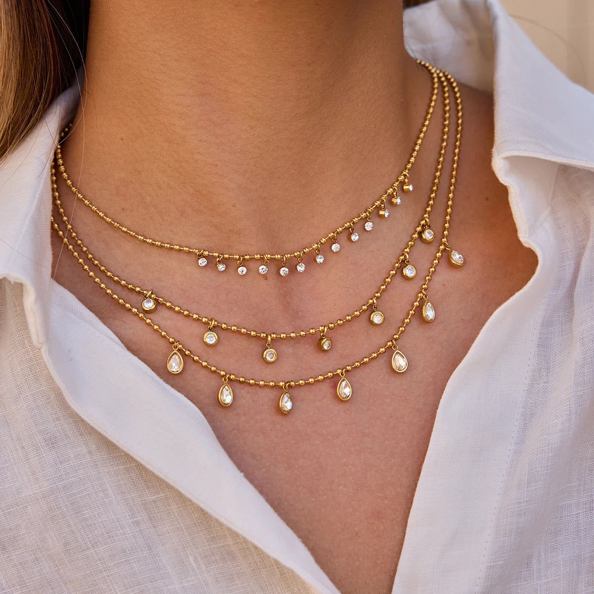 Layered Pearl Charm Necklace — Stainless Steel · PS156