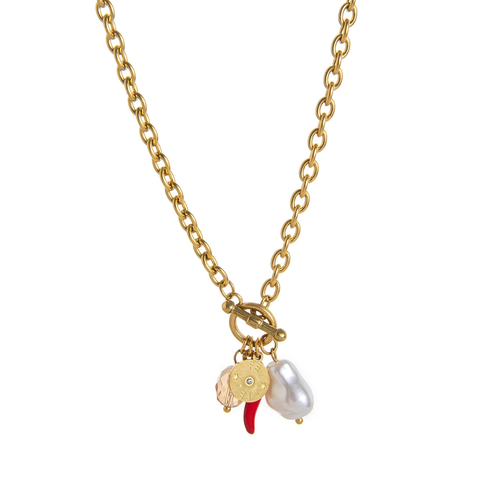 Charm Necklace 18K Gold Plated | Fish, Chili, Pearl & Coin Pendants | Trendy Layered Jewelry for Women