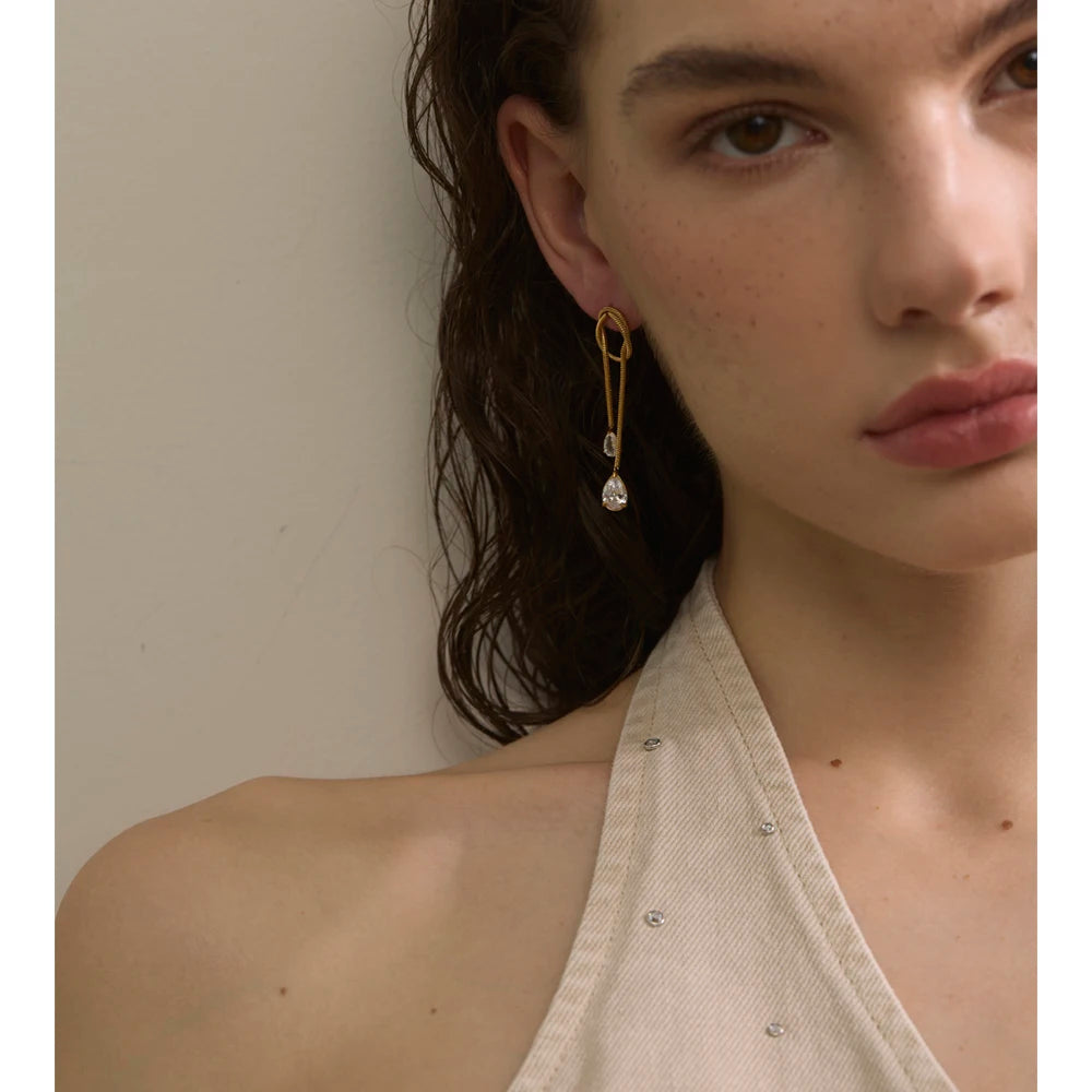 Cubic Zirconia Geometric Chain Earrings — Gold-Plated Stainless Steel with Cubic Zirconia · PS1608