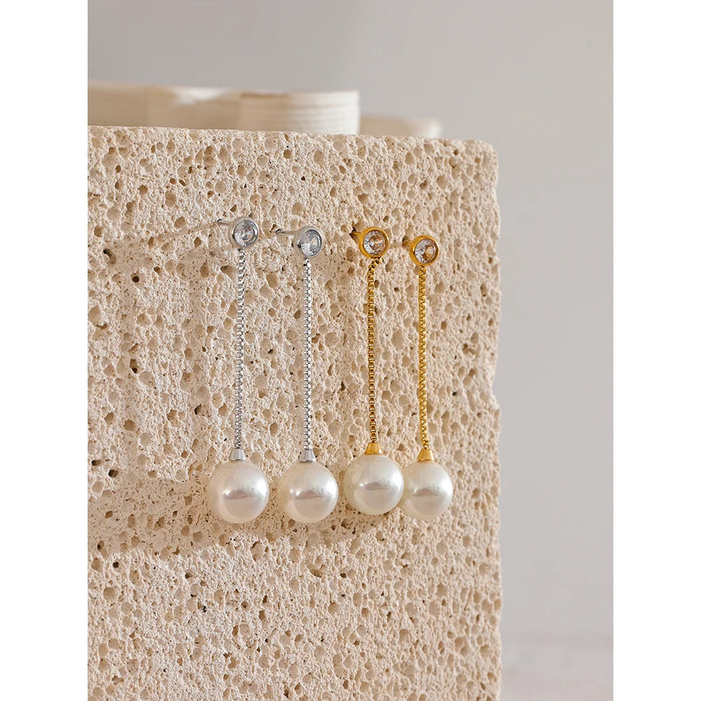 Pearl Geometric Chain Earrings — Gold-Plated Stainless Steel with Pearl · PS1602