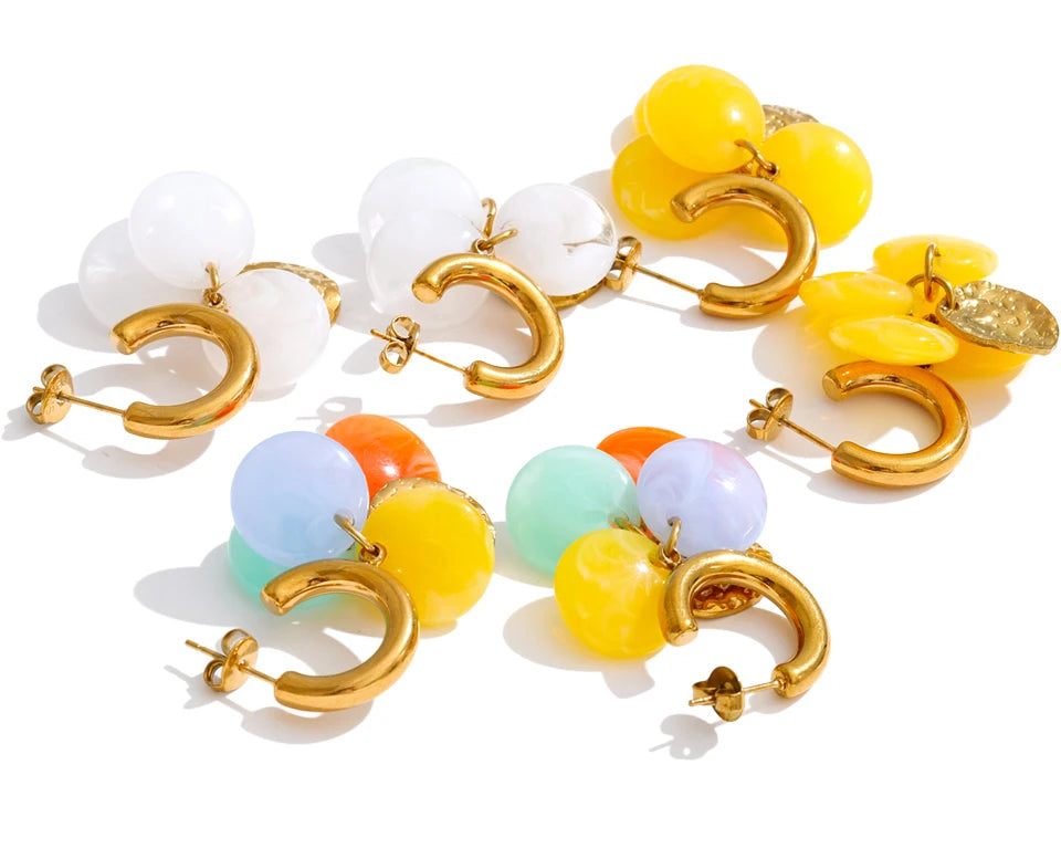 Resin acrylic multi-color earrings in gold-plated stainless steel with resin and acrylic.