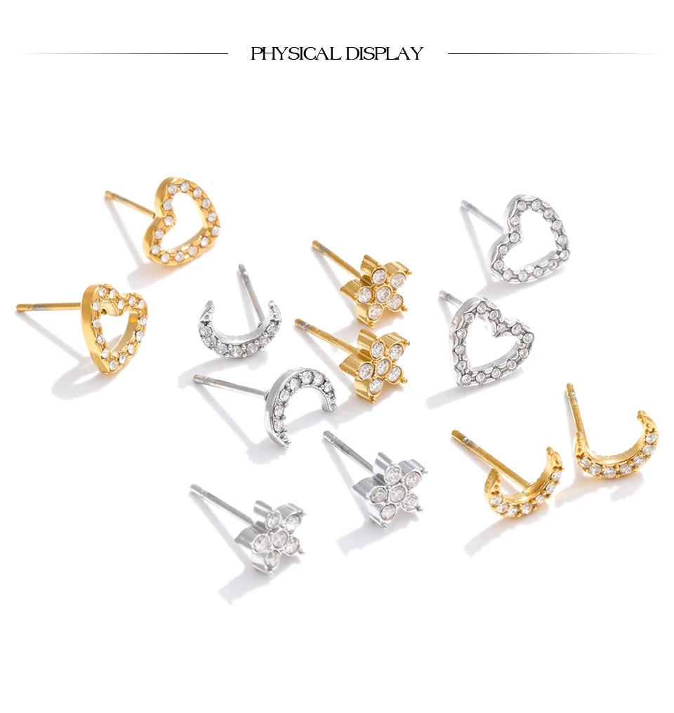 Cubic Zirconia Heart Star Earrings — Gold-Plated Stainless Steel with Cubic Zirconia · PS1112