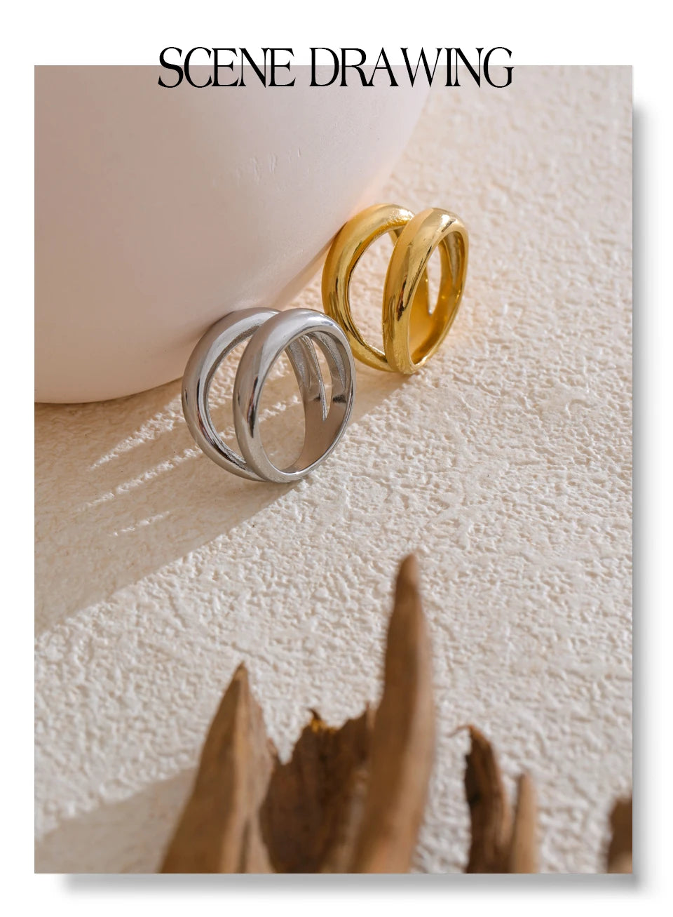 Geometric layered ring in gold-plated stainless steel.