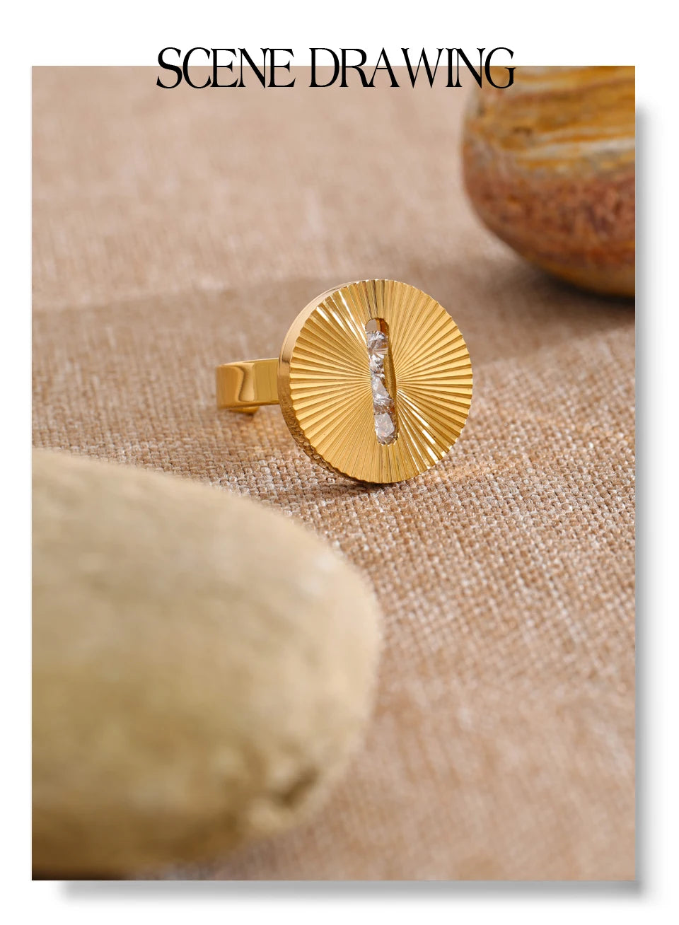 Cubic zirconia geometric ring in 18K gold-plated stainless steel with cubic zirconia.
