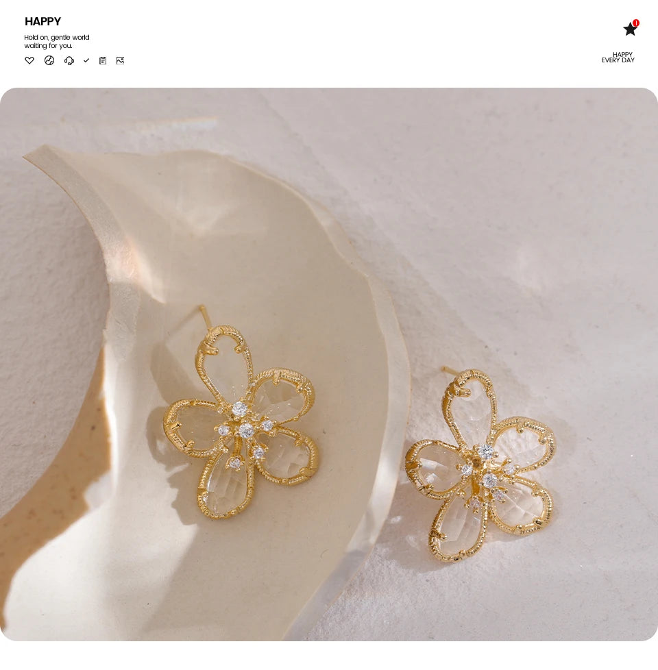 Cubic Zirconia Flower Geometric Earrings — 14K Gold-Plated Copper with Cubic Zirconia · PC21