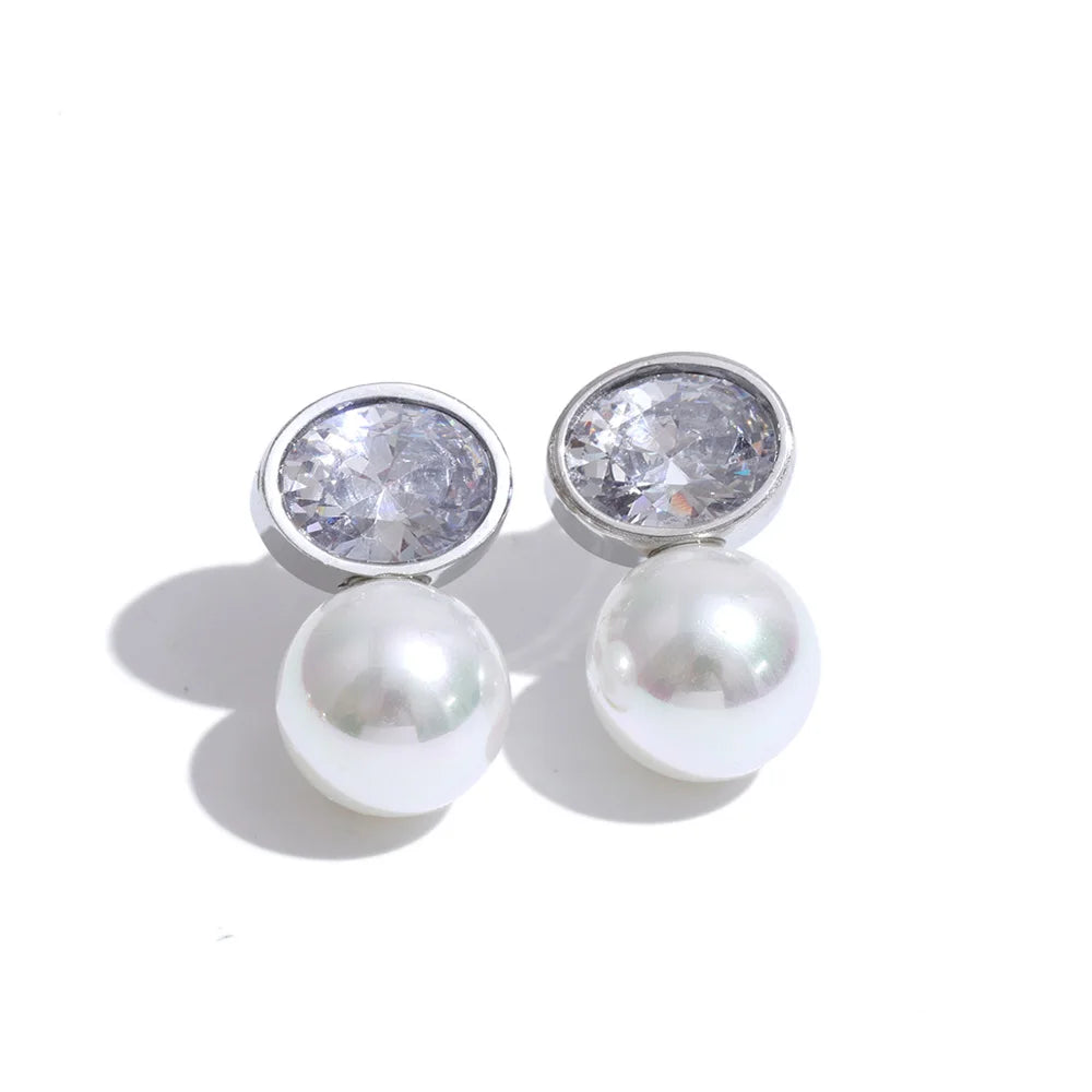 Cubic Zirconia Pearl Geometric Earrings — Gold-Plated Stainless Steel with Pearl and Cubic Zirconia · PS1615
