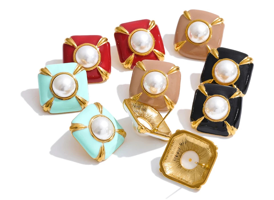 Pearl enamel multi-color earrings in gold-plated stainless steel with pearl and enamel.