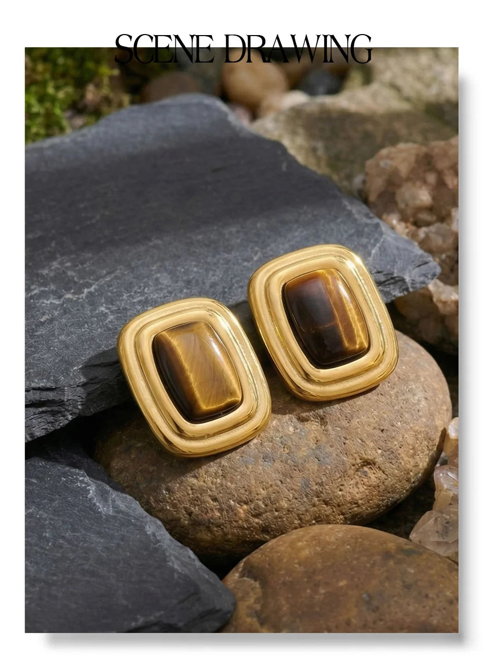 Natural stone geometric earrings in gold-plated stainless steel with natural stone.