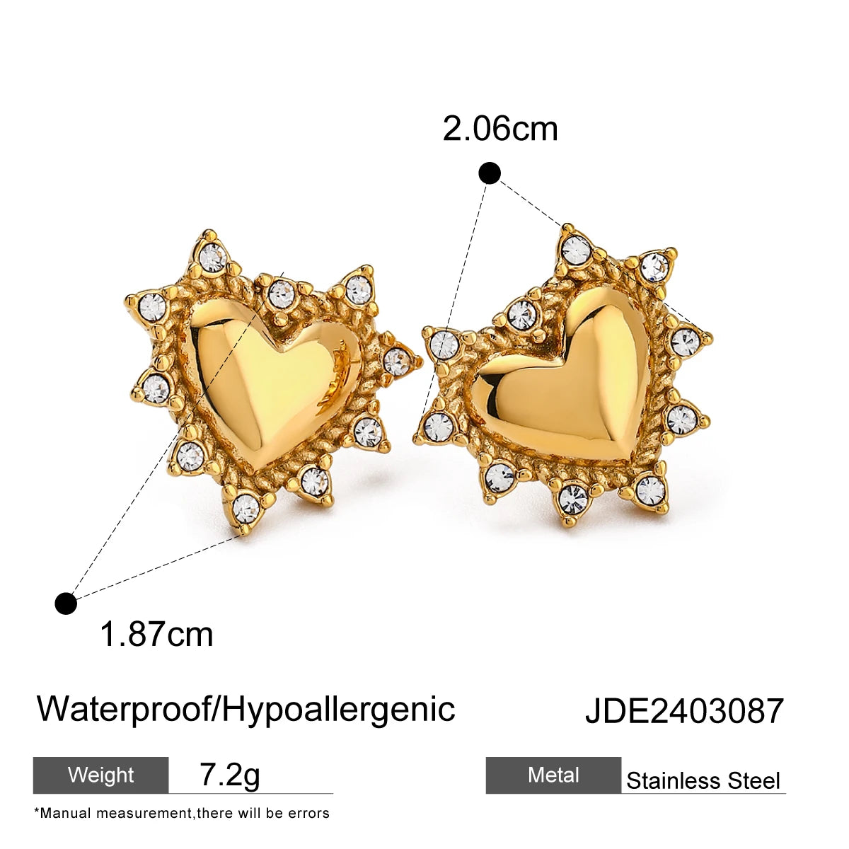 CZ Heart Stud Earrings — Stainless Steel · PS285
