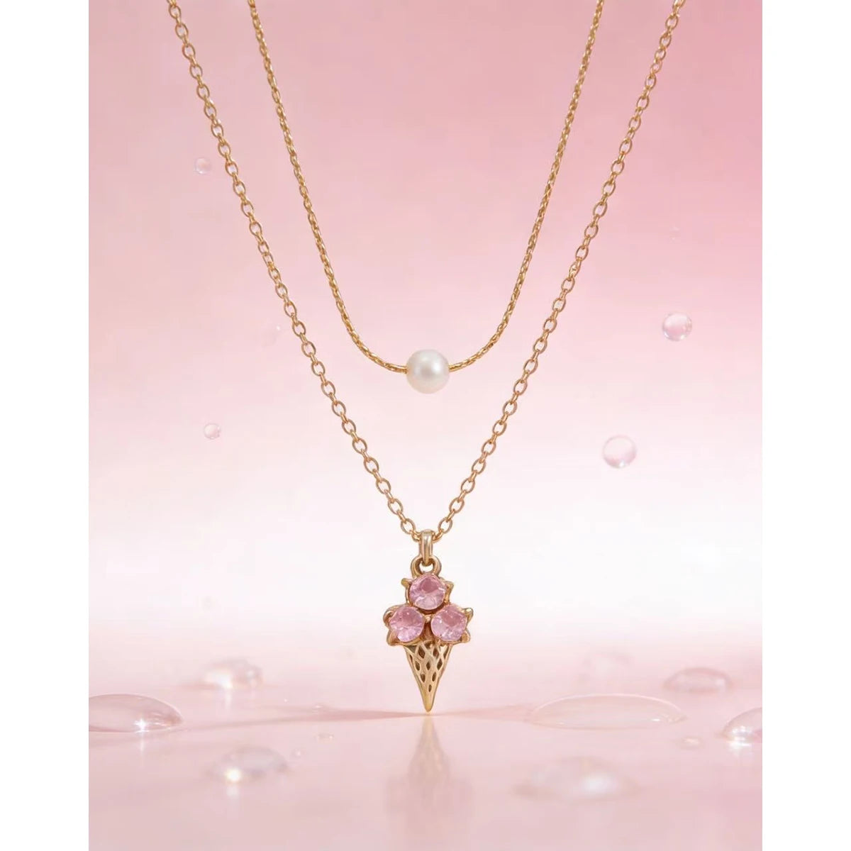 Pink Crystal Ice Cream Pendant Necklace Charm — 316L Stainless Steel · PS455