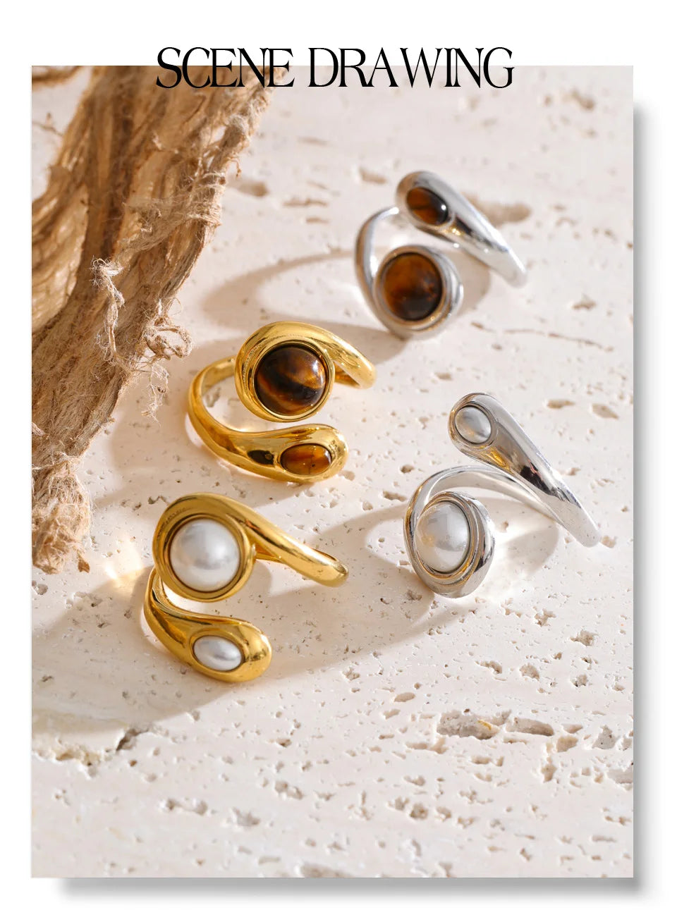 Pearl natural stone geometric ring in 18K gold-plated stainless steel with pearl and natural stone.