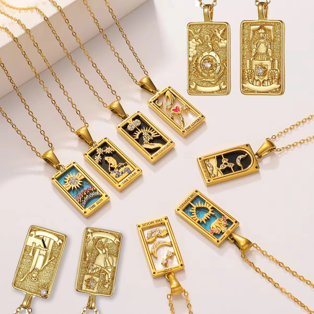 Zirconia Tarot Card Necklace Classic Tarot Queen Lover Magician Moon Wealth Amulet Stainless Steel Jewelry