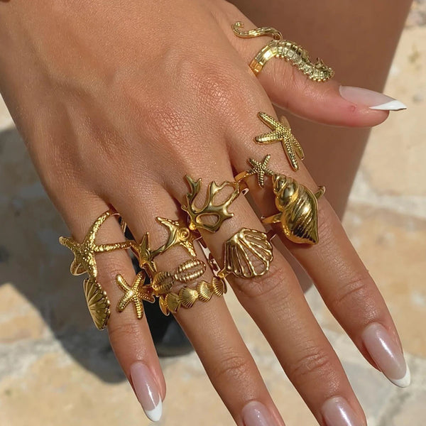 Ocean Shell Ring Stack — Stainless Steel · PS239