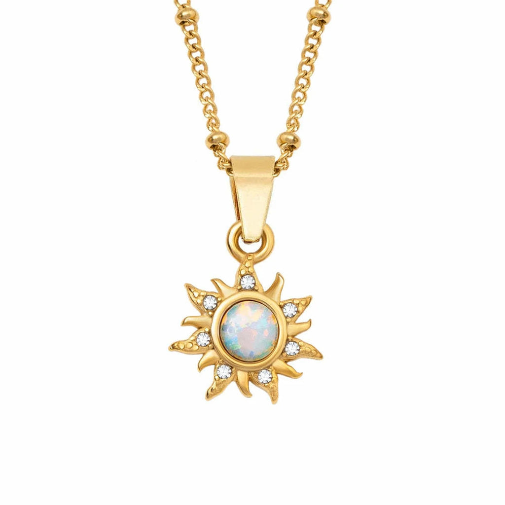 Natural Opal Abstract Sun Pendant Necklace Art Retro Collar Chain Stainless Steel Electroplated True Gold Color Protection