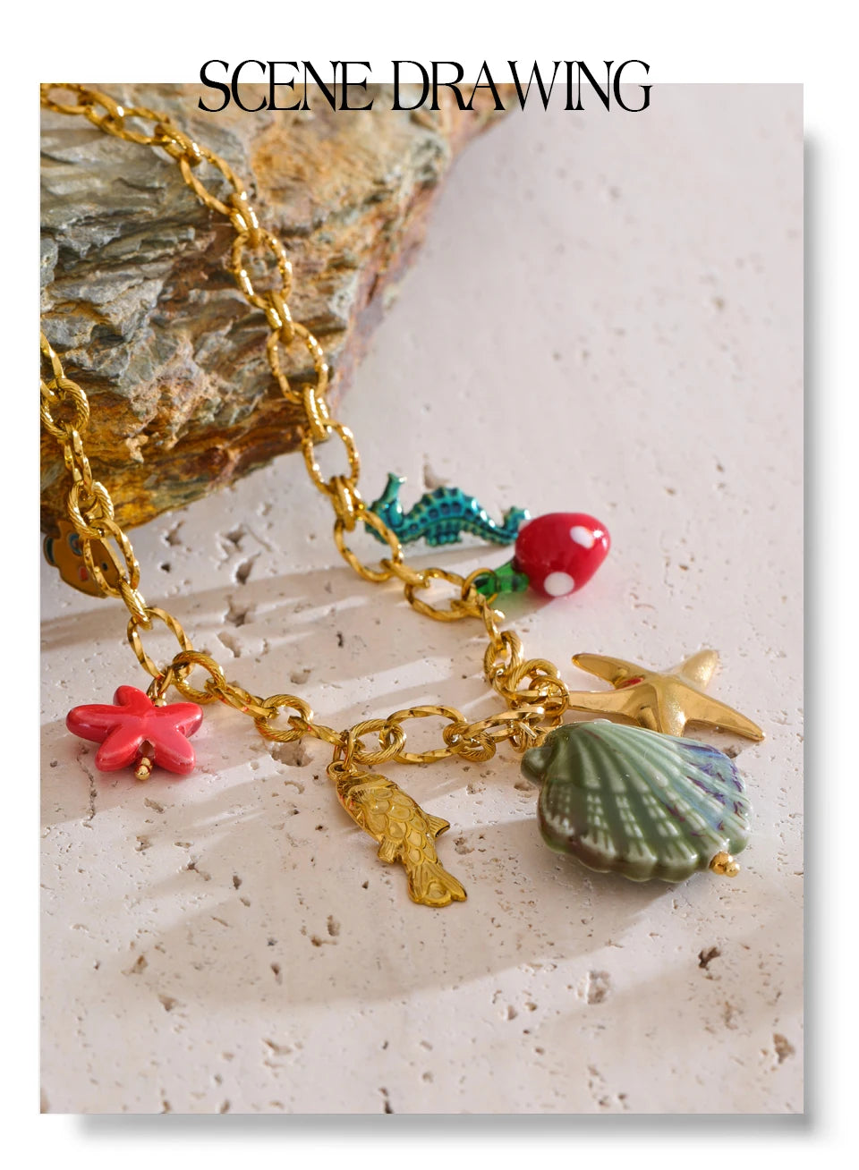 Shell enamel star necklace in gold-plated stainless steel with shell and enamel.