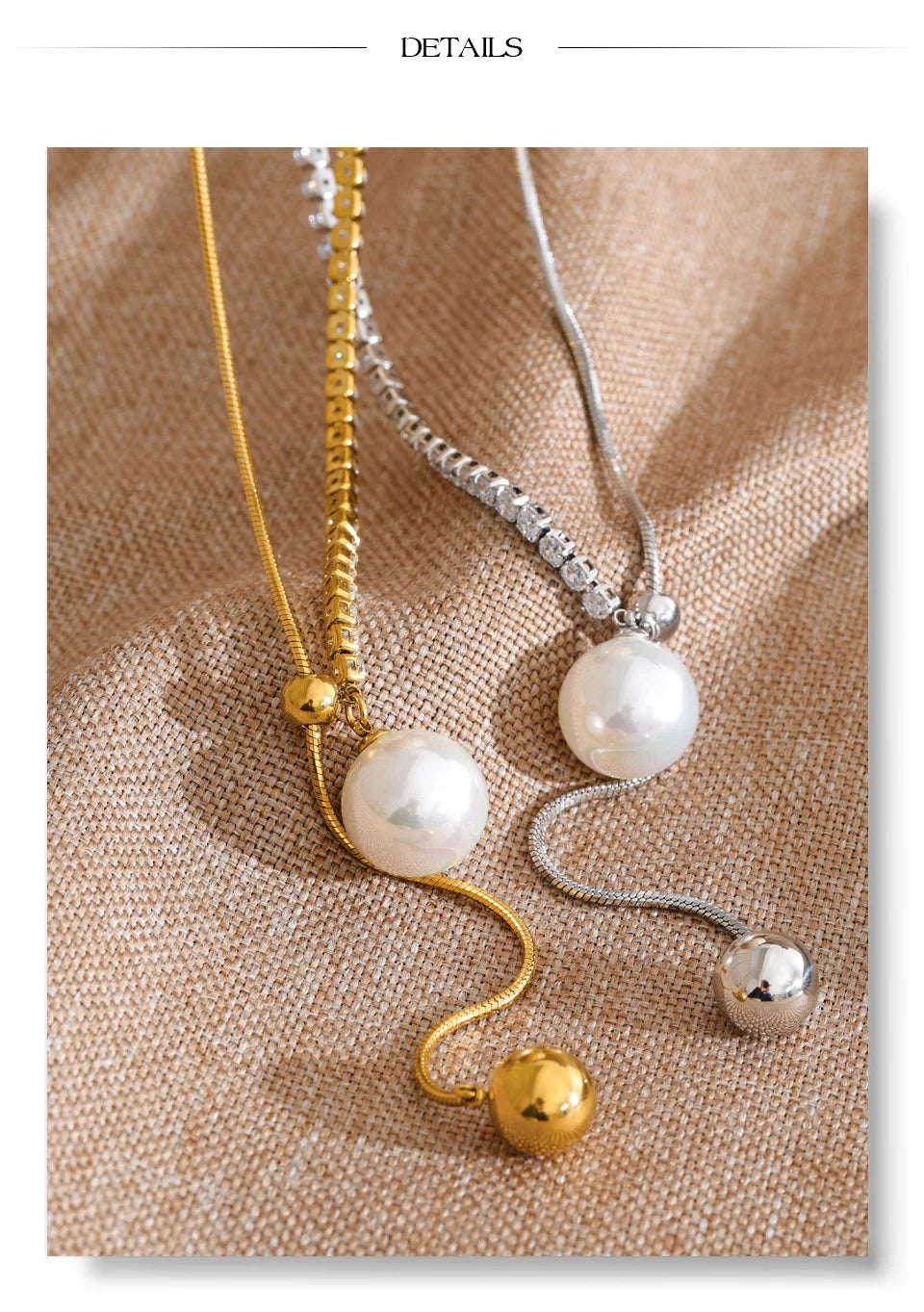Cubic zirconia pearl geometric necklace in gold-plated stainless steel with pearl and cubic zirconia.