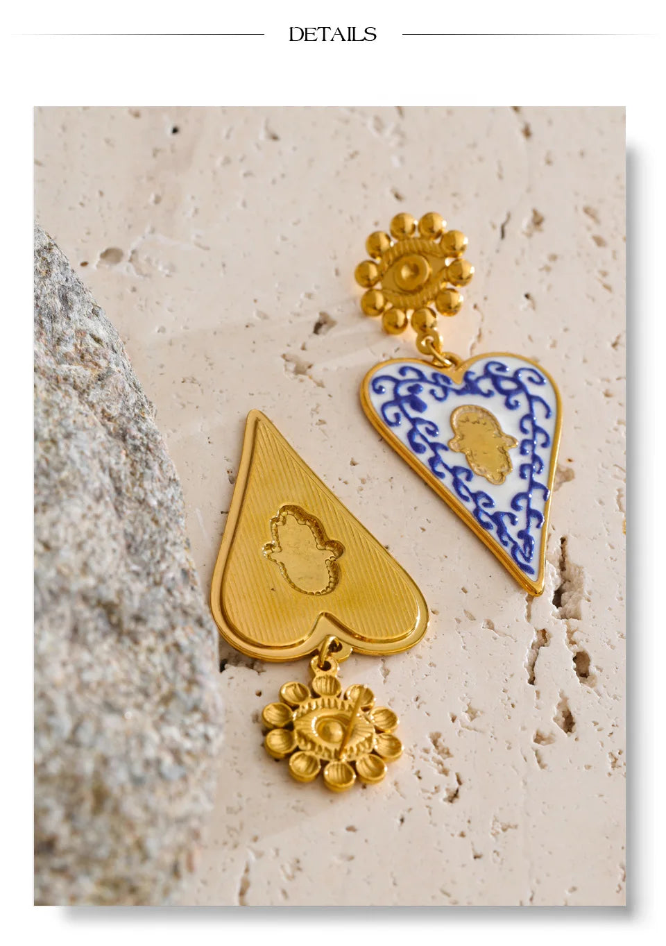 Blue enamel heart earrings in gold-plated stainless steel with enamel.