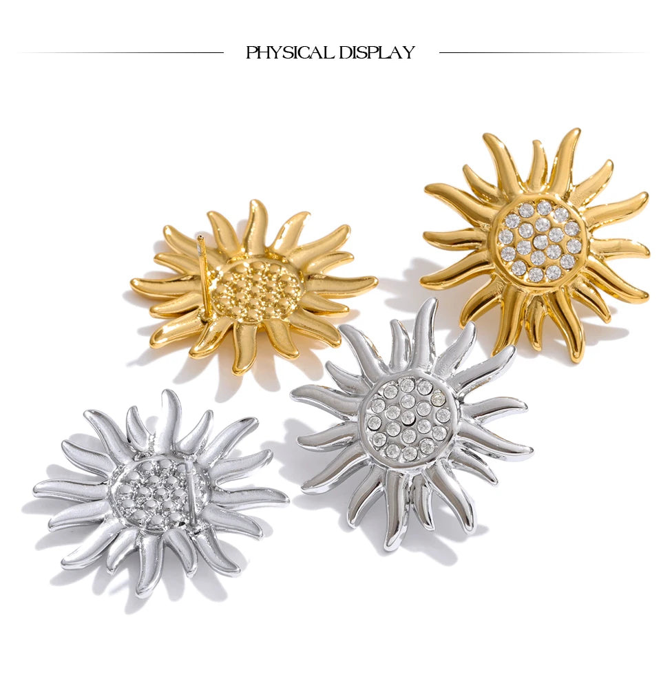 Cubic Zirconia Sun Geometric Earrings — Gold-Plated Stainless Steel with Cubic Zirconia · PS928