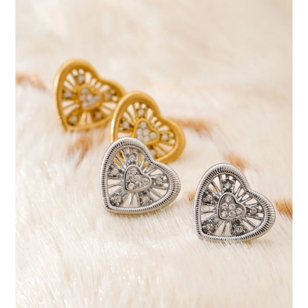 Cubic Zirconia Heart Earrings — Gold-Plated Stainless Steel with Cubic Zirconia · PS929