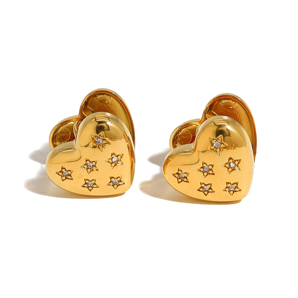 Heart Star Crystal Ear Buckle Earrings — 316L Stainless Steel · PS392