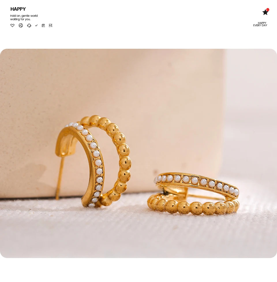 Pearl vintage geometric earrings in 18K gold-plated stainless steel with pearl.