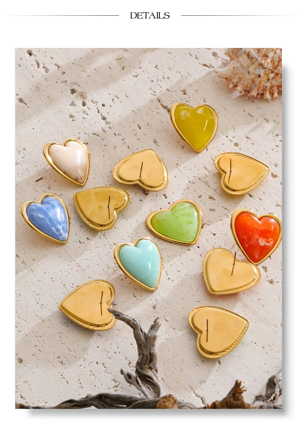 Resin acrylic heart earrings in gold-plated stainless steel with resin and acrylic.