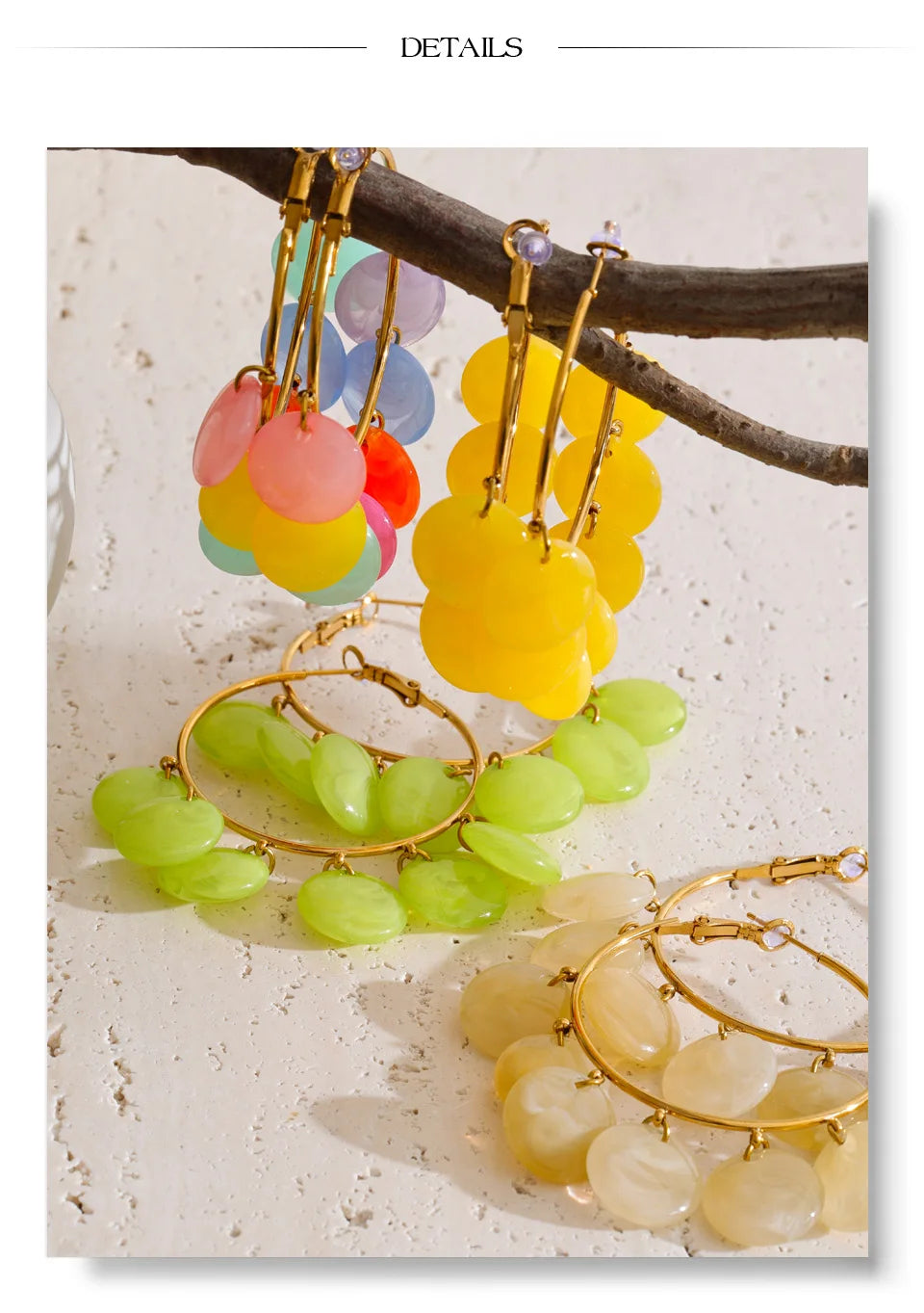 Resin multi-color geometric earrings in gold-plated stainless steel with resin.
