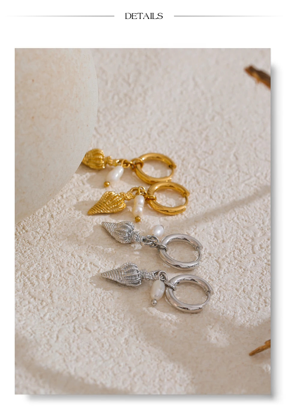 Freshwater pearl shell star earrings in gold-plated stainless steel with freshwater pearl and shell.