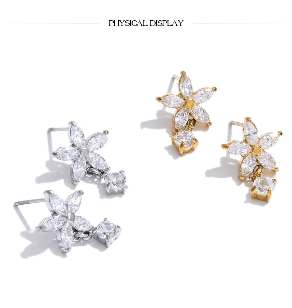 Cubic Zirconia Flower Earrings — Gold-Plated Stainless Steel with Cubic Zirconia · PS932